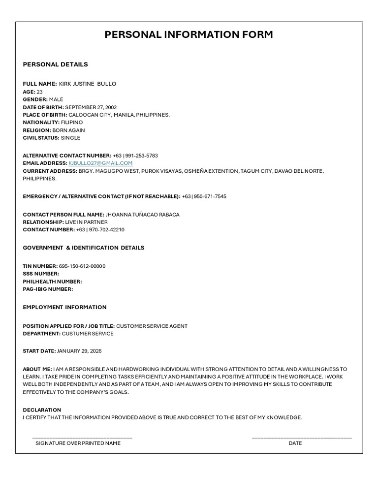(Kirk's) Personal Information Form | PDF