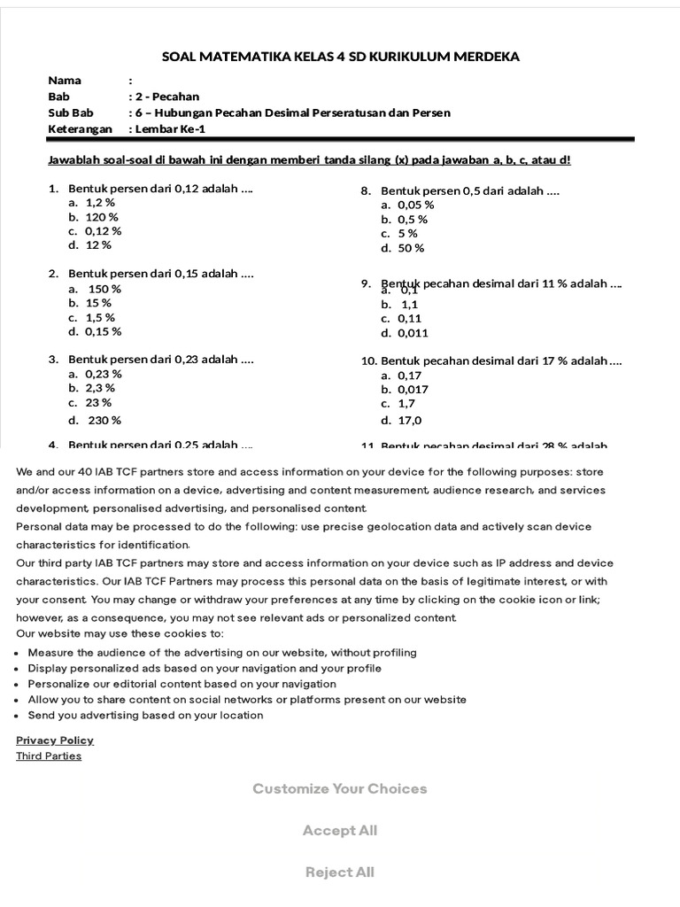 Soal Matematika Kelas 4 Soal Matematika Kelas 4 SD Kurikulum Merdeka SD ...