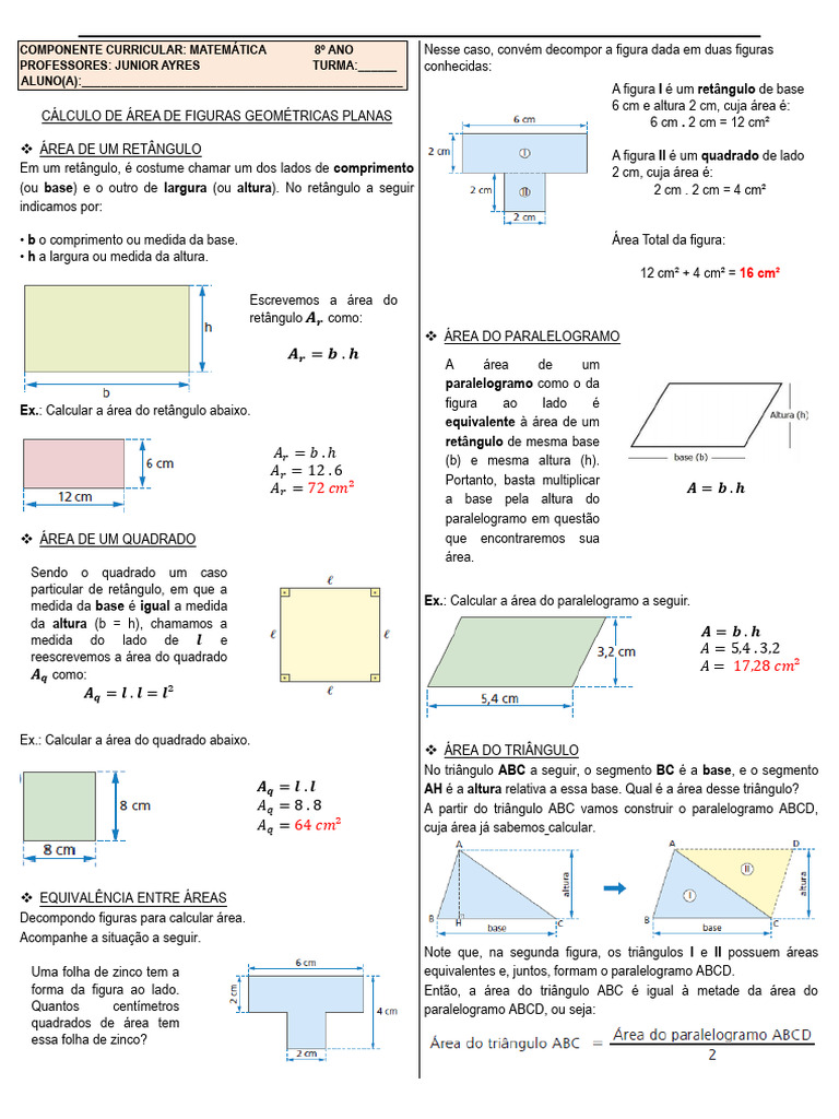 Área de Figuras Planas 8º Ano Matemática Ak 2025 | PDF | Triângulo ...