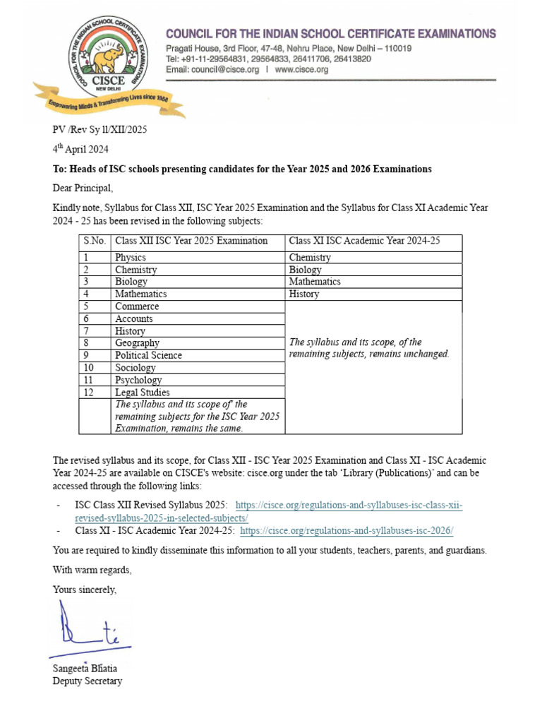 Circular For Revised Syllabus For Class XI XII For 2025 | PDF
