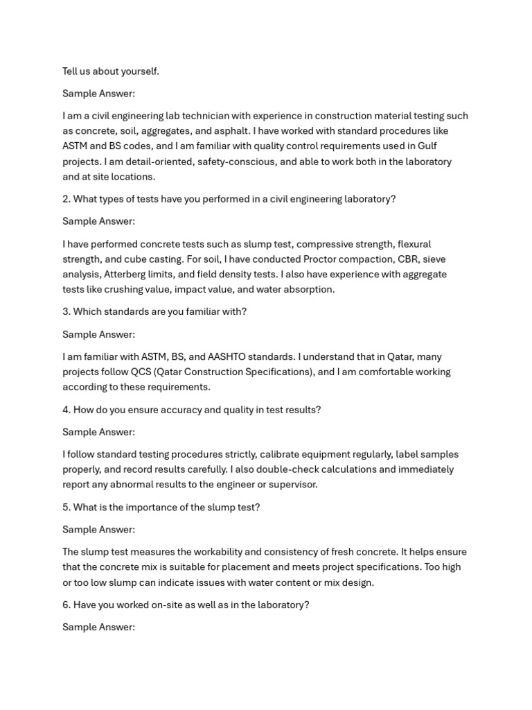 Lab Technician Interview Questions Answers | PDF | Concrete