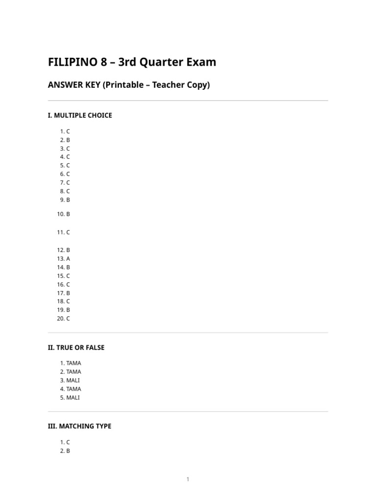 Filipino 8 - 3rd Quarter Exam (Answer Key Printable) | PDF