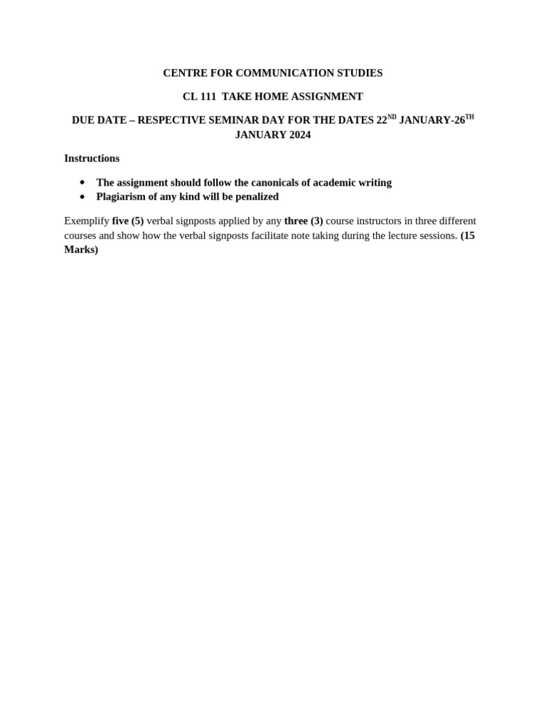 Cl 111 Take Home Assignment 2023-2024 | PDF