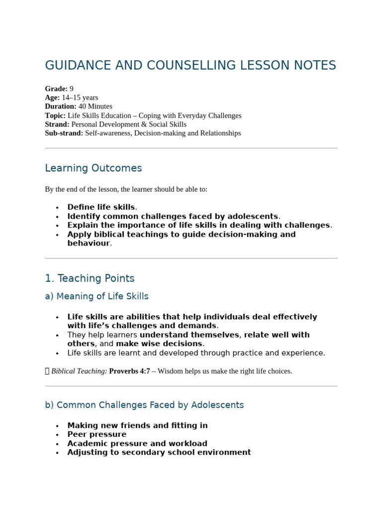 Guidance and Counselling Lesson Notes: Learning Outcomes | PDF ...