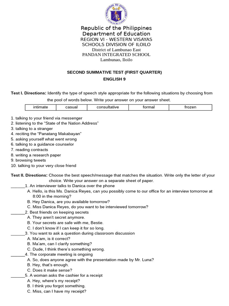 Grade 9 Q1 Summative Test 2 | PDF