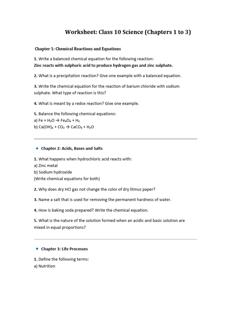 Worksheet Class 10 Science | PDF