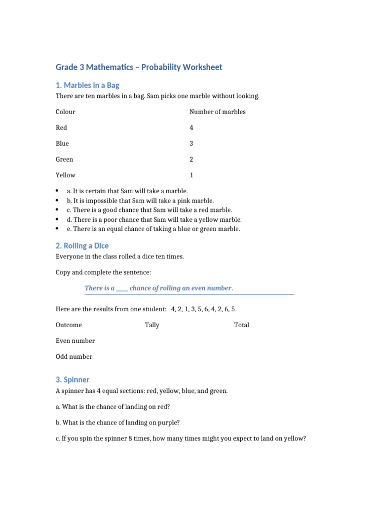 Grade3 Probability Worksheet | PDF
