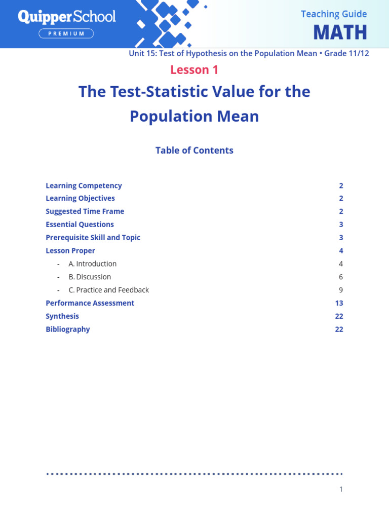 Lesson 1 the Test Statistic Value for the Population Mean (1) | PDF ...