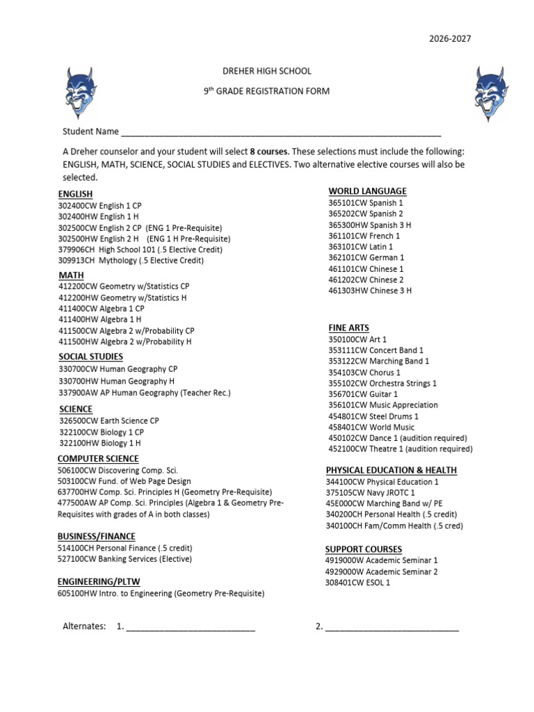 Course Selection Sheet - 9th Grade 2026-27 | PDF | Mathematics | Science