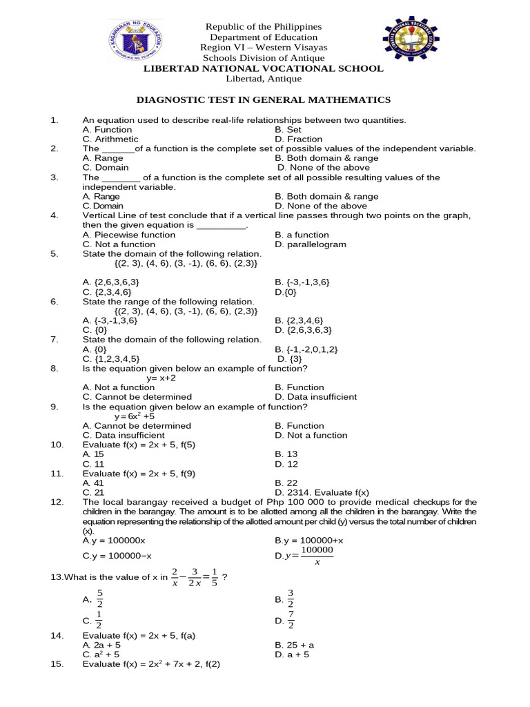 Diagnostic Test in Gen Math | PDF | Function (Mathematics) | Variable ...
