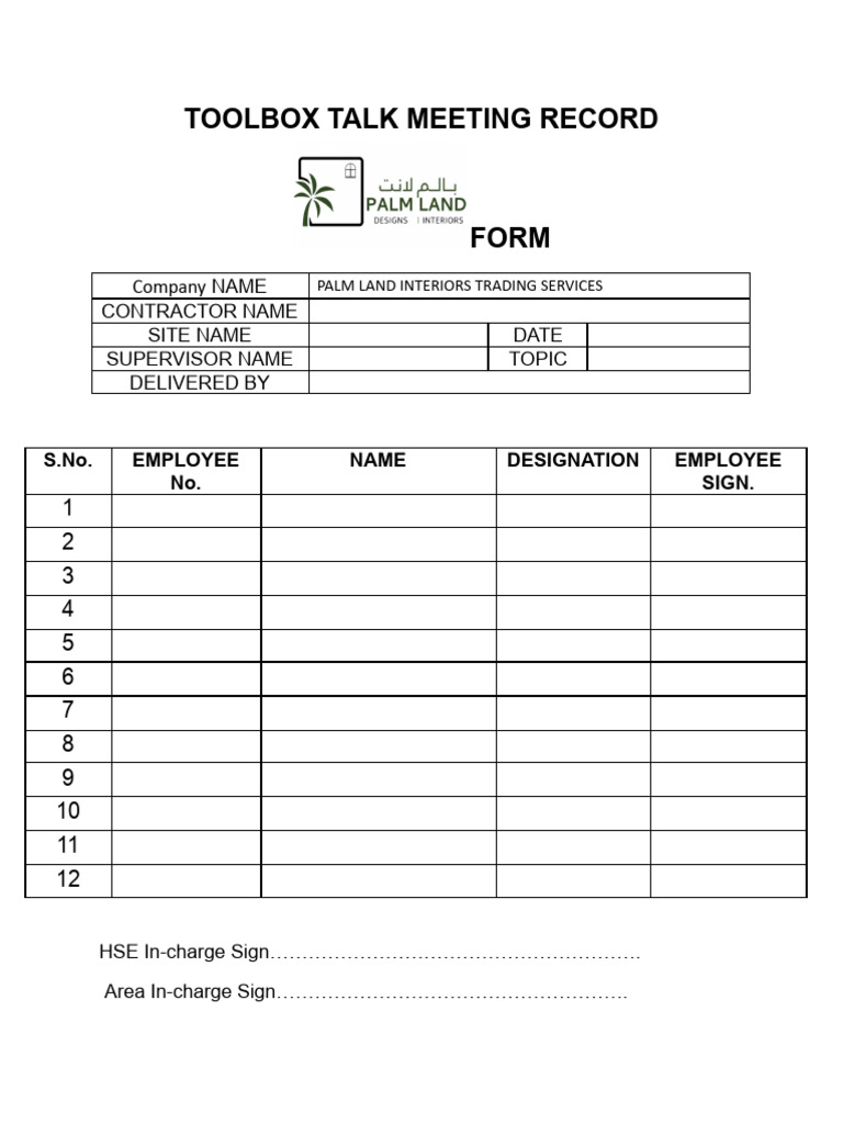 Toolbox Talk Meeting Record Form | PDF