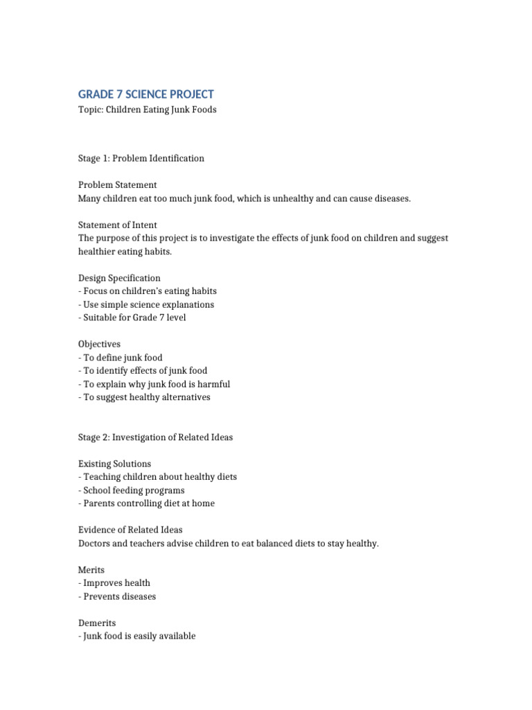 Grade 7 Science Project Junk Food | PDF