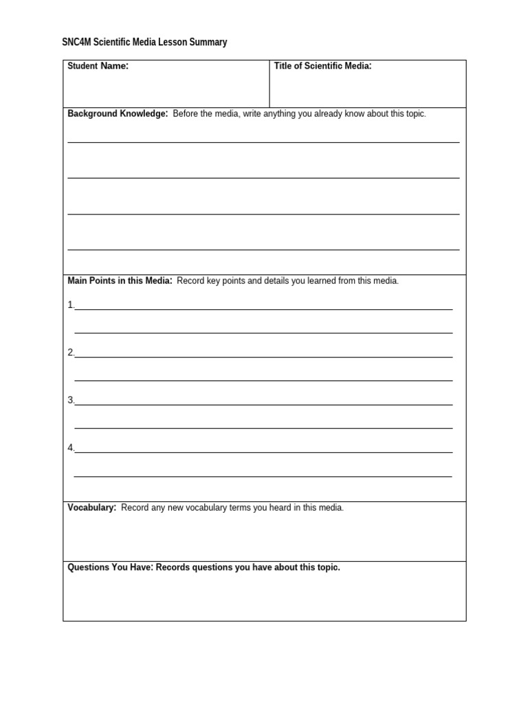 Lesson Summary Worksheet SNC4M Sept 2025 | PDF