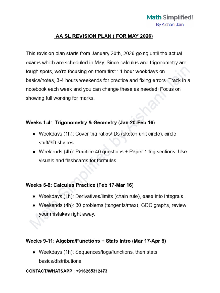 Aa SL Revision Plan (For May 2026) | PDF | Trigonometry | Mathematical ...