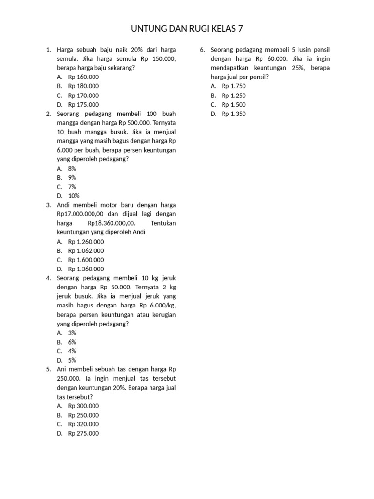 Untung Dan Rugi Kelas 7 | PDF