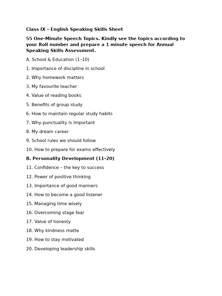 Topics for Speaking Skills IX | PDF