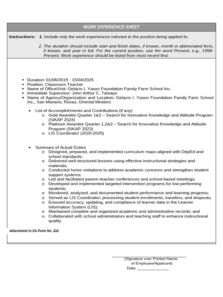 2025 Work Experience Sheet | PDF | Teachers | Learning