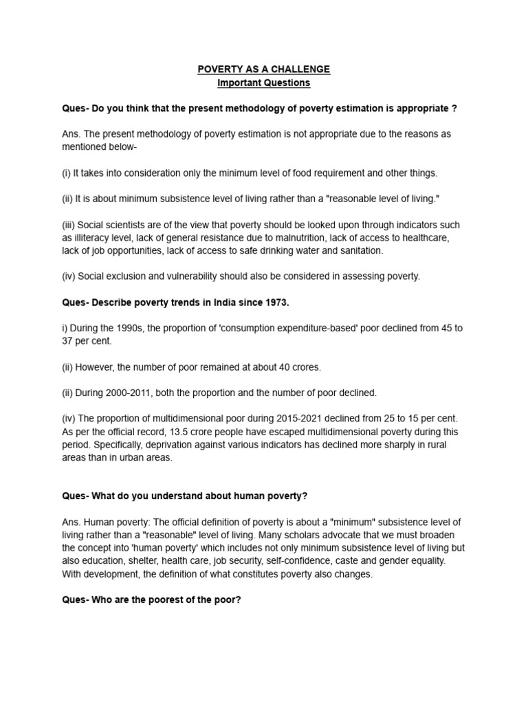 Important Questions (Poverty) | PDF | Poverty | Poverty & Homelessness