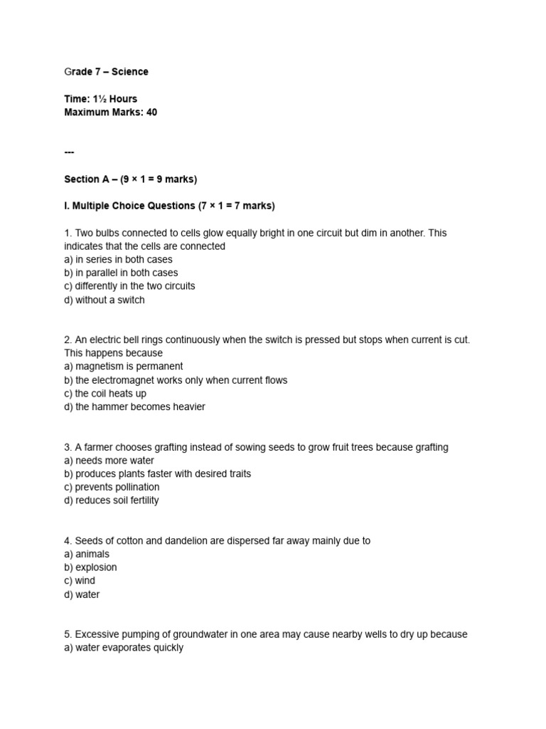 Grade 7 - Science Revision Worksheet - 1 | PDF | Series And Parallel ...
