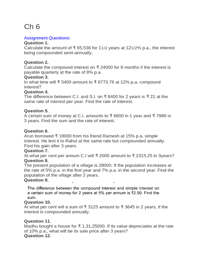Ch-6 Class 8th Assignment | PDF | Interest | Compound Interest