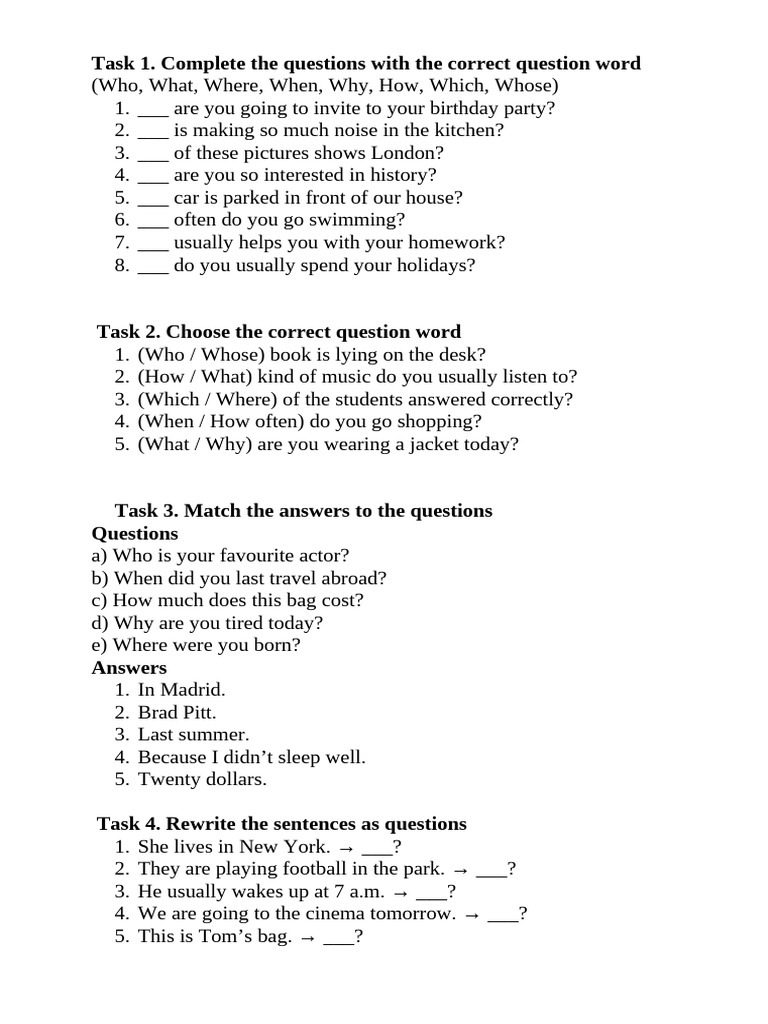 Task 1. Complete The Questions With The Correct Question Word | PDF