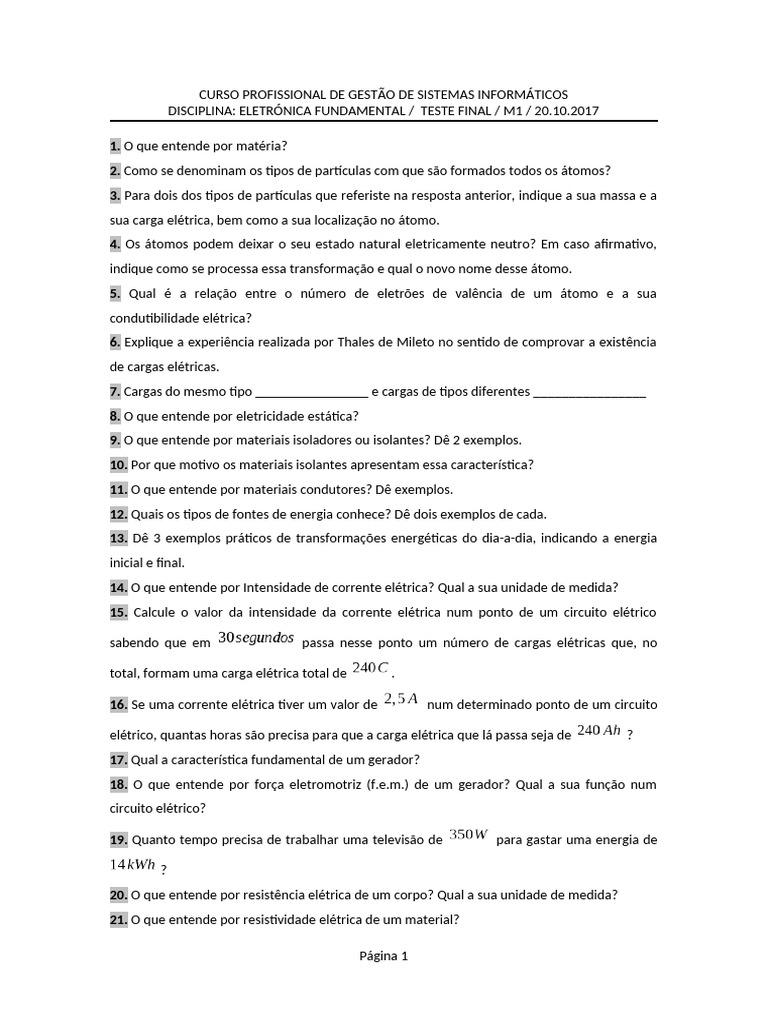 EF Modulo1 TesteFinal 20 10 2017 Versaoa | PDF | Eletricidade | Carga ...