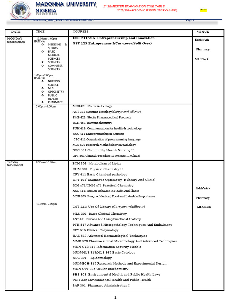 First Semester 2025-2026 Examination Timetable New-1 | PDF ...
