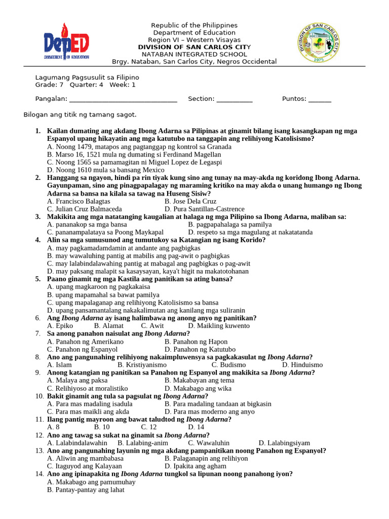 Filipino 7 Summative Test 1 | PDF