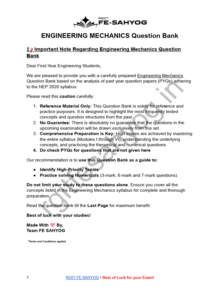 Fe Sem1 Nep 2020 Engineering Mechanics Top IMP Questions Rgitfesahyog ...