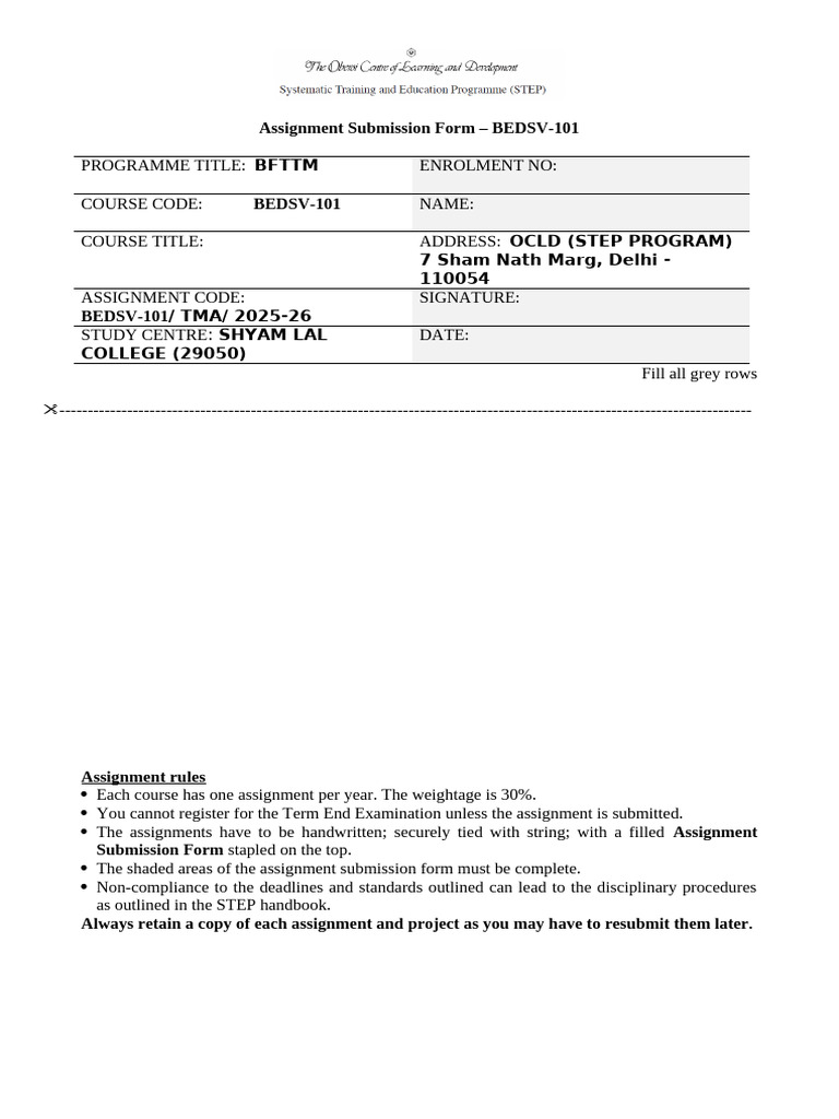 Assignment Submission Form BEDSV-101 | PDF