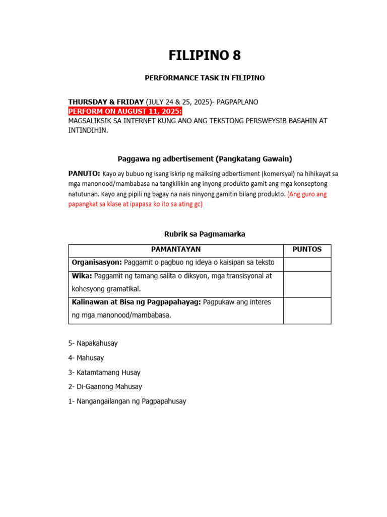 Filipino 8 Performance Task July 24 25 | PDF