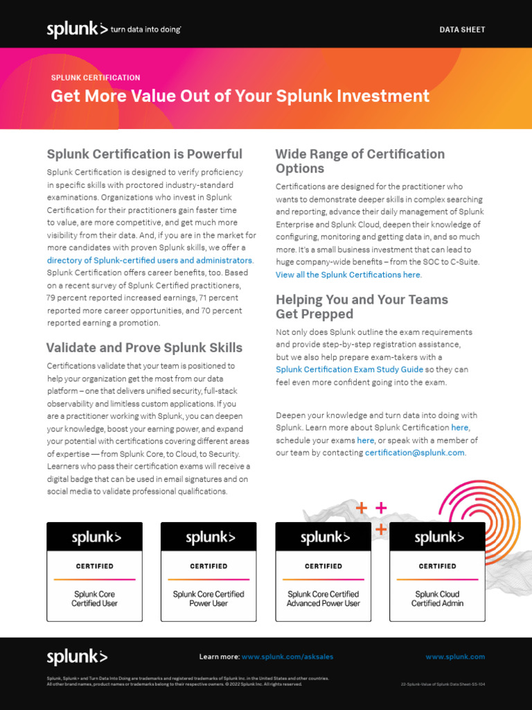 Splunk Certifications Data Sheet | PDF | Certification | Professional ...