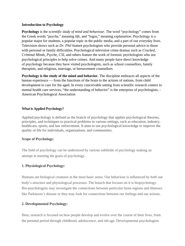 Introduction To Psychology | PDF | Psychology | Mind