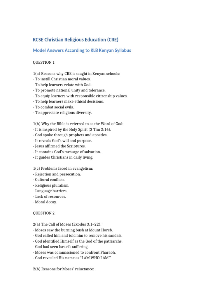 KCSE CRE KLB Model Answers-1 | PDF | Moses | God