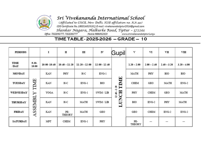 Grade 10 Timetable 2025-26 | PDF