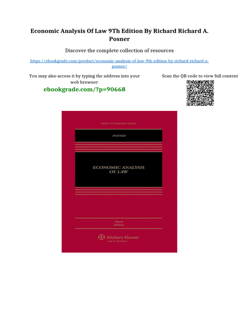 Economic Analysis of Law 9th Edition by Richard Richard A. Posner PDF ...