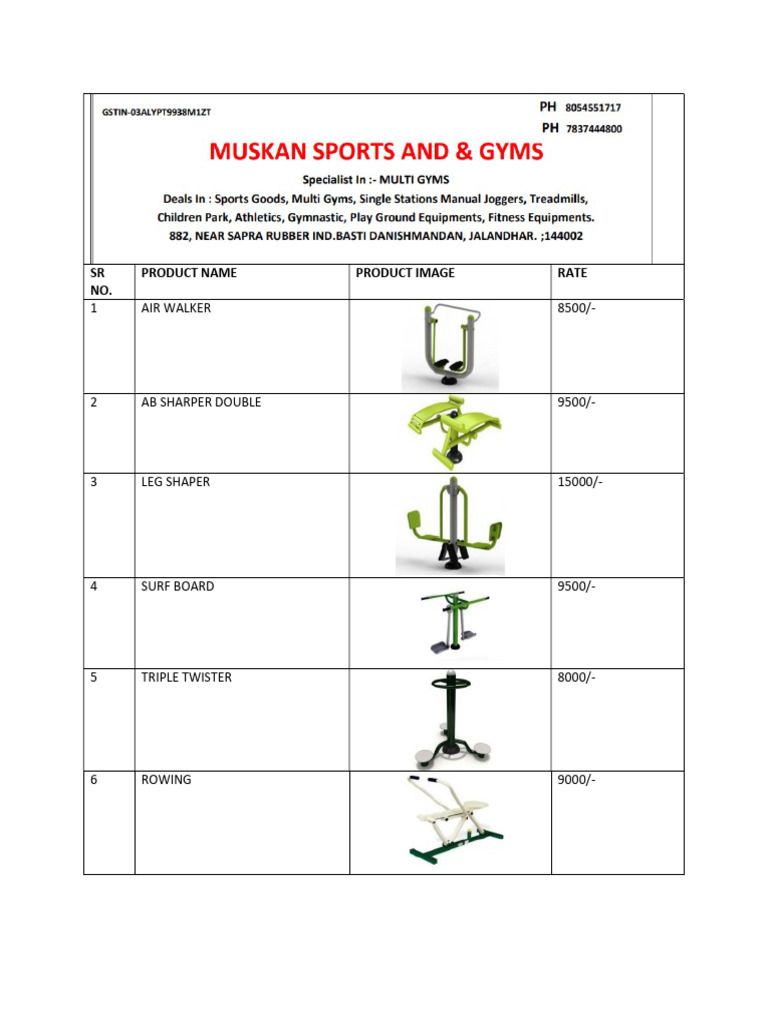 Muskan Sports Outdoor Gym Rate List | PDF