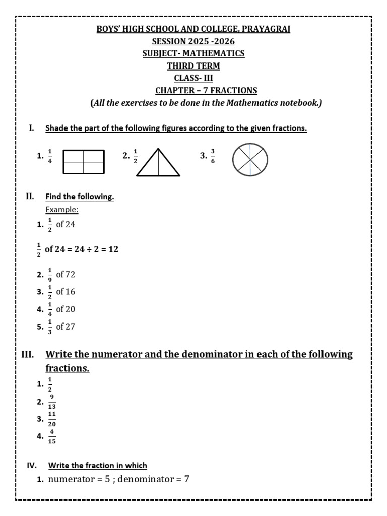 Class 3 - Final Term - Mathematics - CH 7 Fraction (2025-2026) | PDF ...
