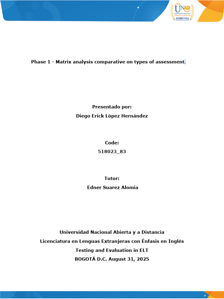 Matrix Analysis Comparative on Types of Assessment.docx - Diego Erick ...