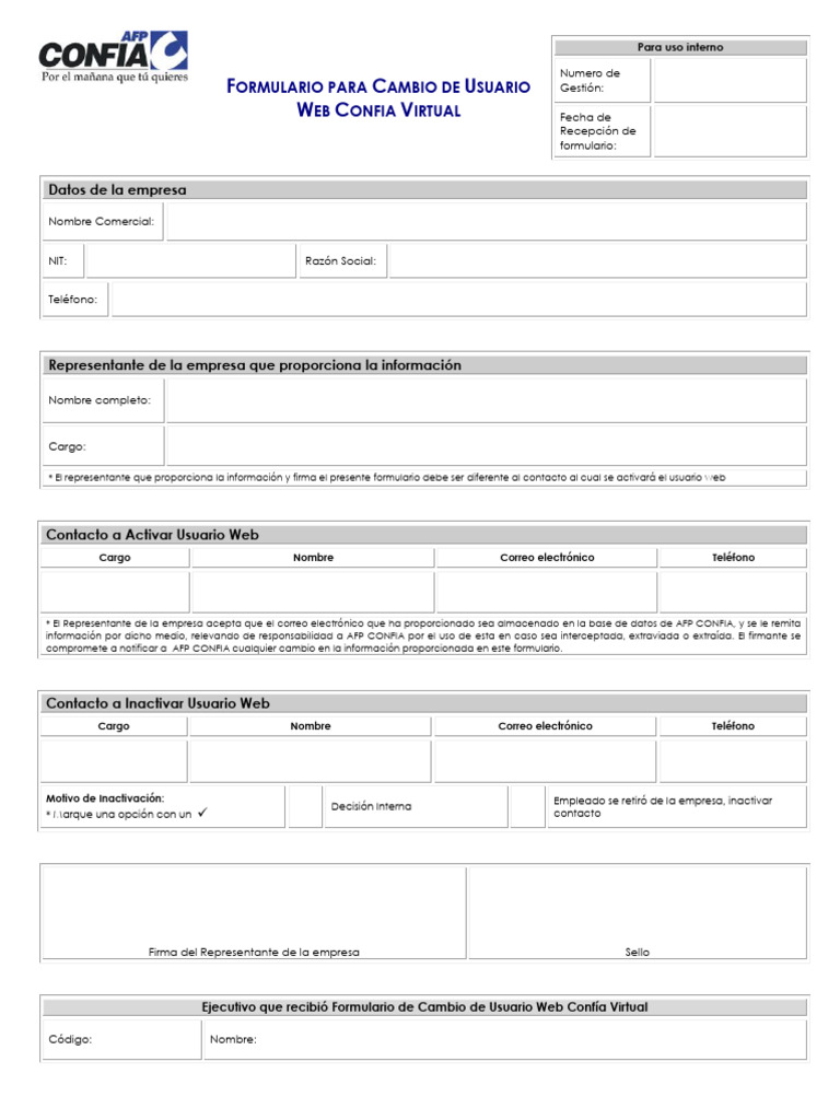 Formulario para Cambio de Usuario Web Confia Virtual Empresas | PDF ...