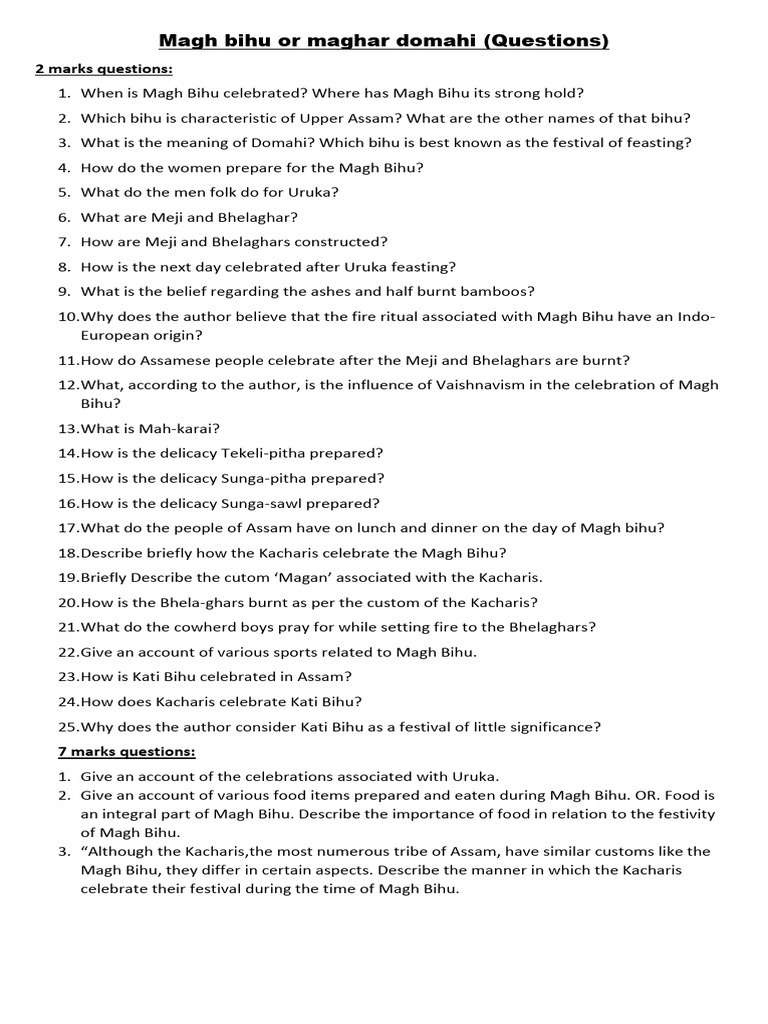 Magh Bihu or Maghar Domahi Questions | PDF