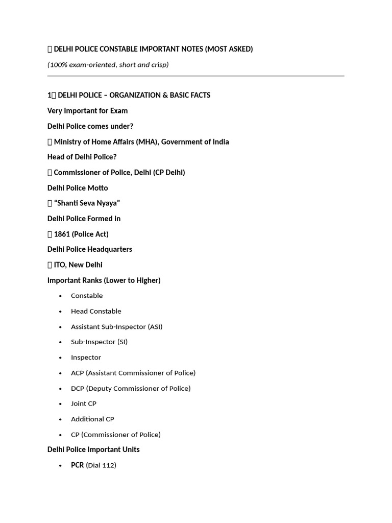 Delhi Police Constable Important Notes | PDF