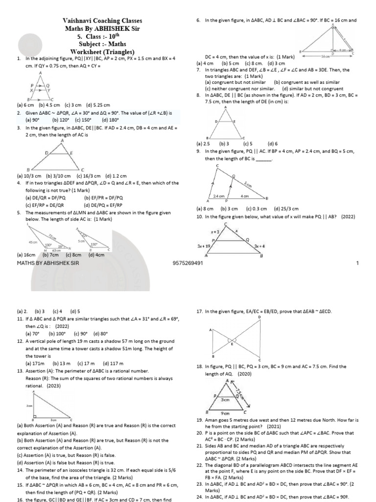 Class 10th Worksheet Triangle | PDF | Euclid | Euclidean Geometry