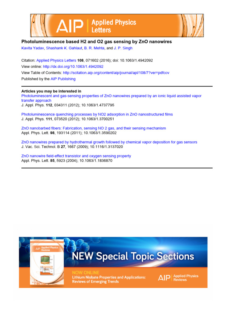 Photoluminescence Based H2 and O2 Gas Sensing by ZnO Nanowires | PDF ...