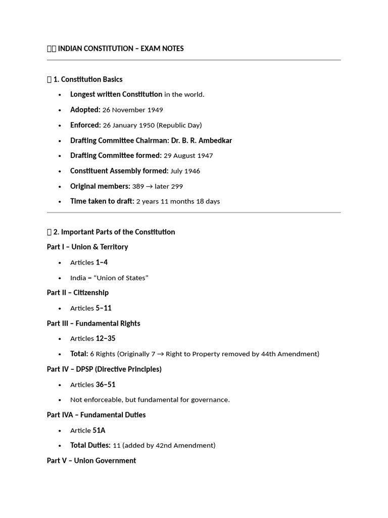 Indian Constitution Important Notes | PDF | Habeas Corpus | Political Law