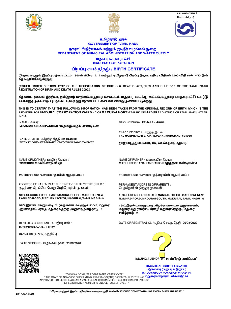 Azhagi Birth Certificate | PDF