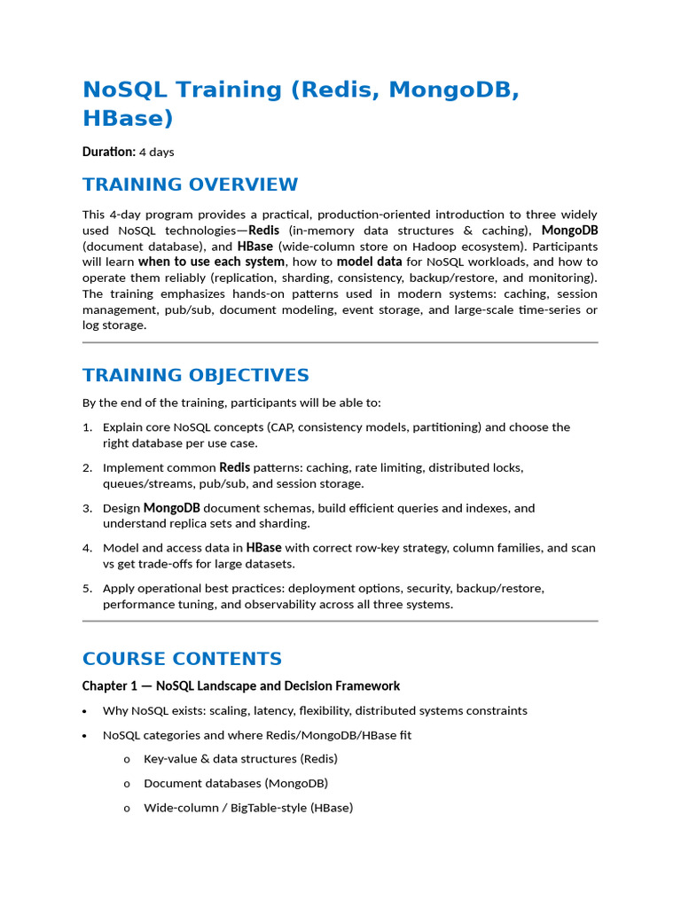 NoSQL Training (Redis, MongoDB, HBase) | PDF | No Sql | Mongo Db