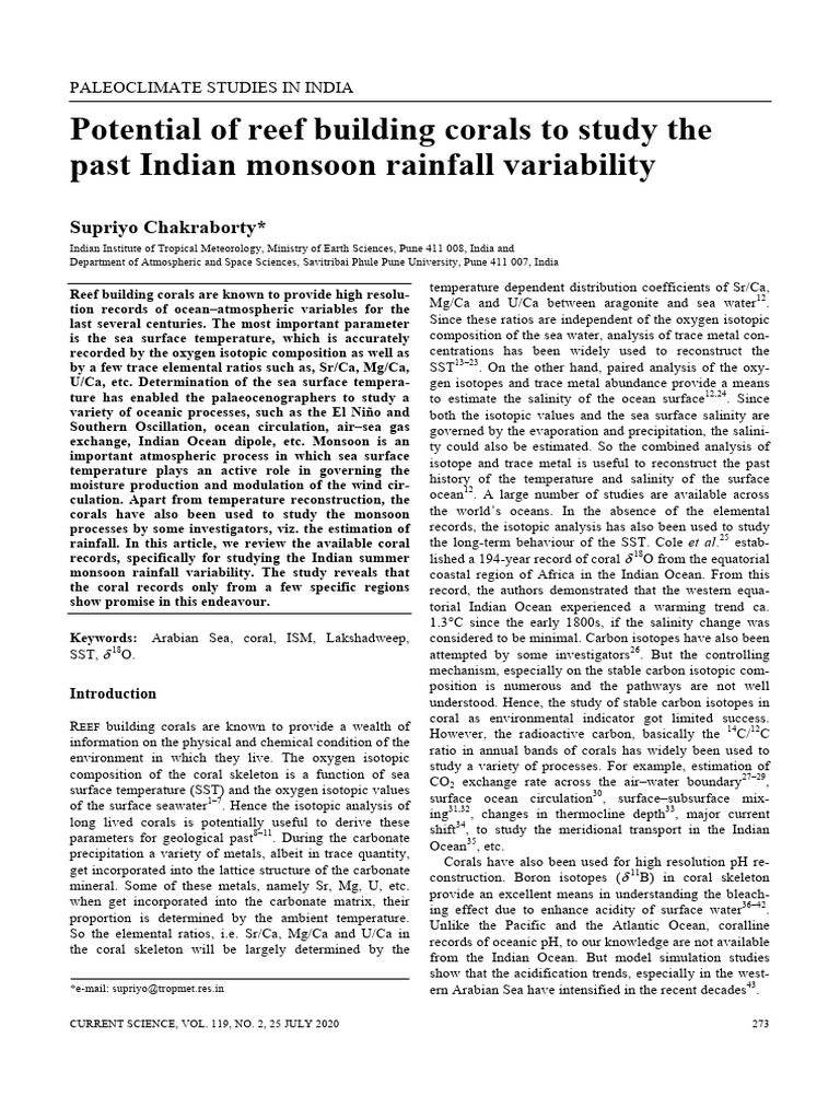 Potential of Reef Building Corals To Study The Past Indian Monsoon ...