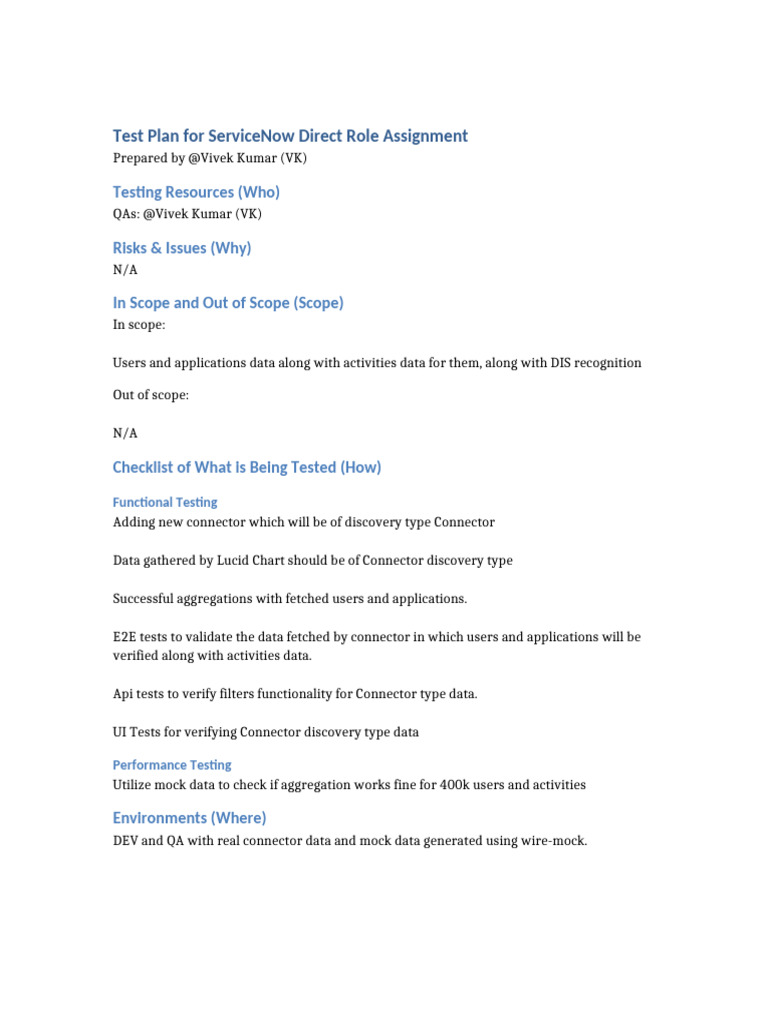 ServiceNow Direct Role Assignment Short TestPlan | PDF