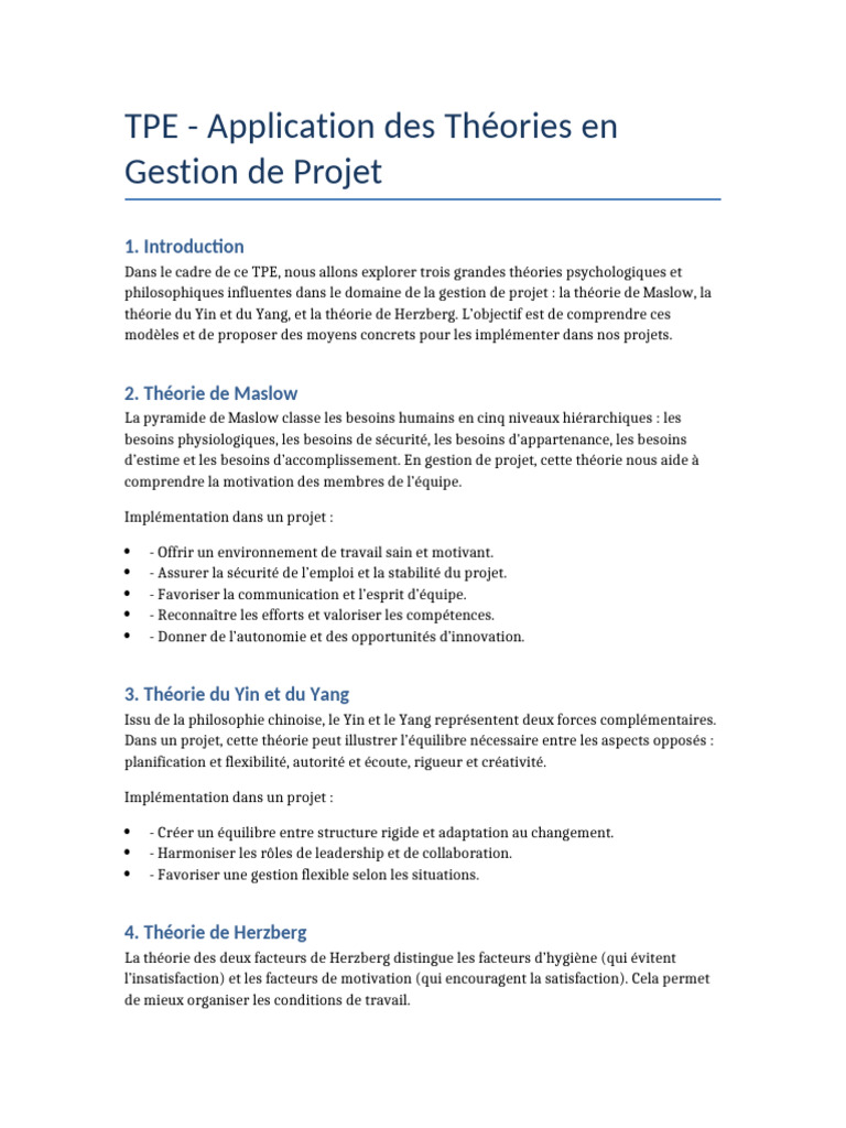 TPE Theories Gestion Projet | PDF